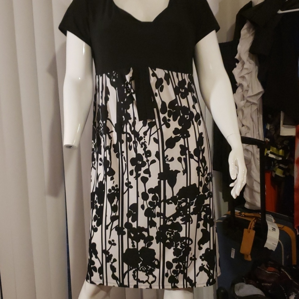Black and white short sleeve flowers print dress.